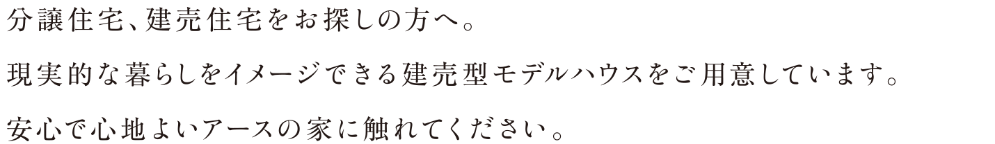 分譲住宅、建売住宅をお探しの方へ。現実的な暮らしをイメージできる建売型モデルハウスをご用意しています。安心で心地よいアースの家に触れてください。